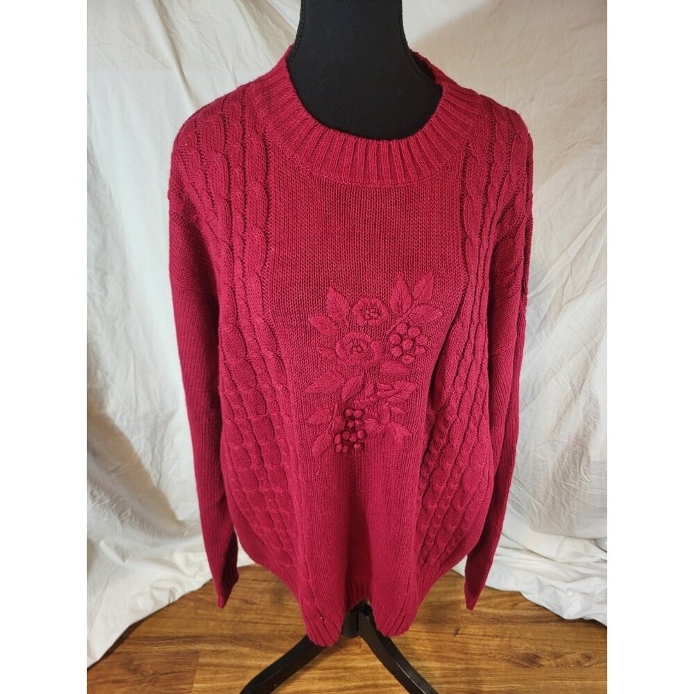 Vtge Cottage Essentials‎ Dark Pink Embroidered Sweater Size XL